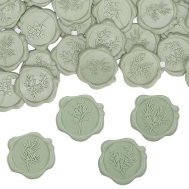 Imagem de 60 adesivos de lacre de cera, adesivos de selo de envelope de convite de casamento com fundo verde sálvia para casamento, festa, chá de bebê, embrulho de presente (4 estilos de folhas)