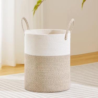 Imagem de SunNewt Cesta de corda de algodão rosa, cesto de roupa suja para meninas 53L para cobertores, brinquedos, roupas, cesta de armazenamento de tecido, cesto de roupas de vime para crianças, cesto de