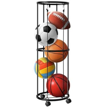 Imagem de ZDJZMGZ Rack de bola vertical, suporte de basquete de aço sem deformação, suporte de armazenamento de bola de garagem portátil com rodas, organizador de basquete com economia de espaço para futebol,