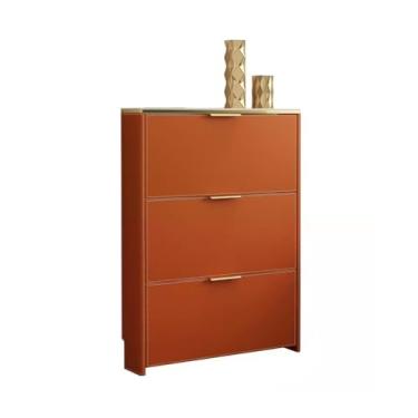 Imagem de Sapateira moderna armário de armazenamento de sapatos com bancada de ardósia e acabamentos de couro de sela, armário de sapatos fino com 3 gavetas dobráveis para armários de entrada corredor sapateira