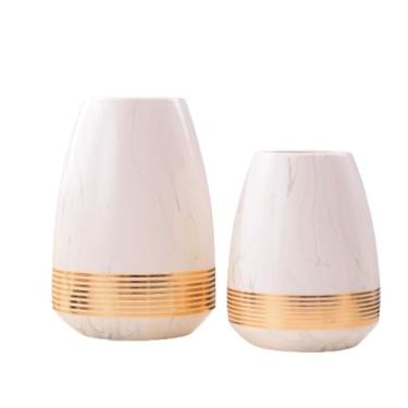 Imagem de Vaso nórdico simples mármore padrão dourado redondo vaso de cerâmica decoração de escritório ornamentos vasos de flores (P: 15 x 20 cm)