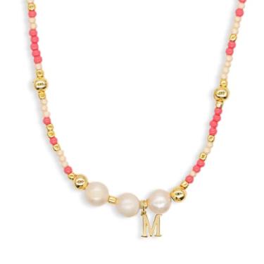 Imagem de Agriajun Colar feminino dourado, rosa, bege, pérola, com inicial de pérola, boêmio, feito à mão, contas de sementes, nome, letra, nome, praia, surfista, joia boêmia para presente, Acrílico, Sem Pedra