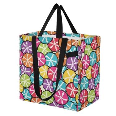 Imagem de SEHANY Sacolas de compras reutilizáveis de pirulito colorido com alças reforçadas, bolsa de compras de lona dobrável à prova d'água de grande capacidade para viagem, cozinha, praia
