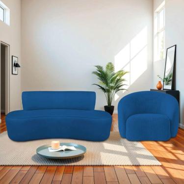 Imagem de Kit Recamier Curvo Amsterdã 130cm E Poltrona Amore Luxo Linho Cor Azul Royal