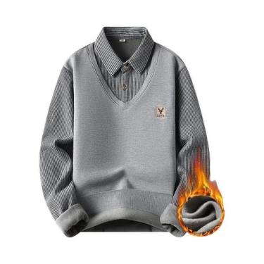 Imagem de Camisa Polo De Fleece Azul Marinho E Caqui Para Homens, Pullover De Ou