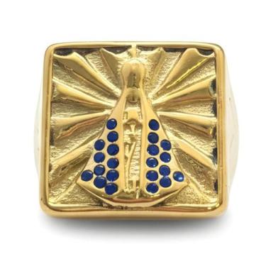 Imagem de Anel Nossa Senhora Aparecida Cravejado Banhado Ouro 18k Aço - Euro Imp