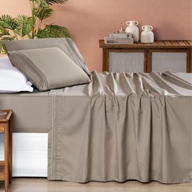 Imagem de Jogo de Cama Solteiro 200 Fios Detalhe Bordado Allegra 03 Peças Taupe 
