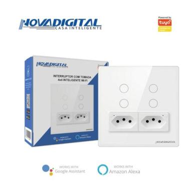 Imagem de Interruptor Inteligente Wi-Fi 4 Botões 4x4 com 2 Tomada Branco Alexa N