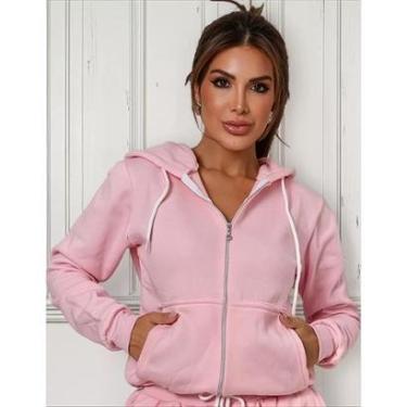 Imagem de Blusa de frio feminina basica moletom com ziper e capuz lisa sem estampa-Feminino