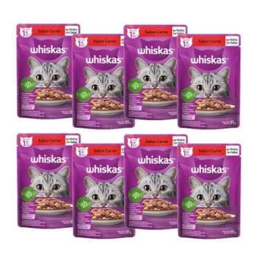 Imagem de Ração Úmida Whiskas Adulto Carne ao Molho 85g c/ 8 pacotes para gato