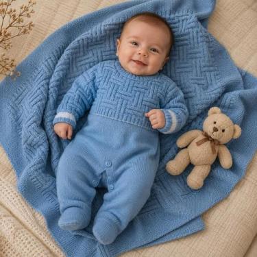 Imagem de Saída Maternidade de Tricot Luxo Macacão e Manta Bebê Menino - BEBE E 