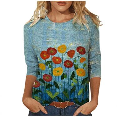 Imagem de Tops femininos plus size camisas para mulheres verão túnica manga curta gola V colorida estampa floral camisetas blusas tops, A01 - azul, XG