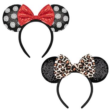 Imagem de YUNISS 2 PCS Minnie Mickey Ears, Shiny Sequin Bow Mouse Ears Headbands for Adult Women Girls Christmas Birthday Party (leopard&dot ears)