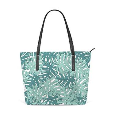 Imagem de Bolsa de ombro feminina sacola de couro para compras grande trabalho, verde, folhas tropicais, bolsa casual