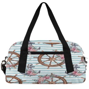 Imagem de Bolsa esportiva para crianças, leme com âncora, flores, bolsa de ginástica, bolsa de viagem para fim de semana, bolsa de ginástica esportiva para meninos e meninas, bolsa de viagem noturna