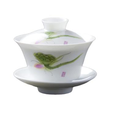 Imagem de YTDJJWLS Conjunto de chá chinês Gaiwan Jingdezhen branco desenhado à mão de 140 ml, chawanmushi, tigela de chawanmushi