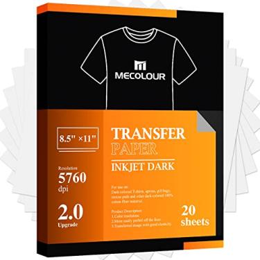 Imagem de MECOLOUR Papel de transferência de calor para passar a ferro para camiseta de tecido escuro, 20 folhas, 21,6 x 28 cm, vinil de transferência de calor imprimível, para impressora a jato de tinta