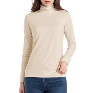 Imagem de Camisetas femininas de gola rolê manga longa gola redonda roupa íntima outono inverno moda camada base casual leve tops macios, Bege, XXG