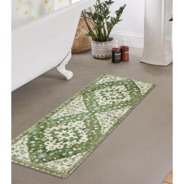 Imagem de Uphome Boho Retro Tapete de banheiro verde sálvia antiderrapante macio longo tapete de banheiro corredor tribal oriental lavável à máquina tapete de banho casa de fazenda bonito tapete de banho floral