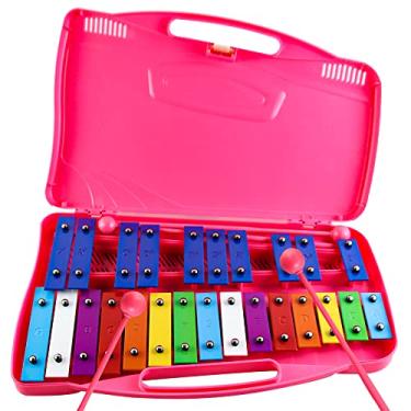 Imagem de Eavnbaek Xilofone Glockenspiel de 25 notas, instrumento de percussão profissional de xilofone com capa rígida e marretas seguras, para estudantes iniciantes, ensino de música e presentes (rosa)