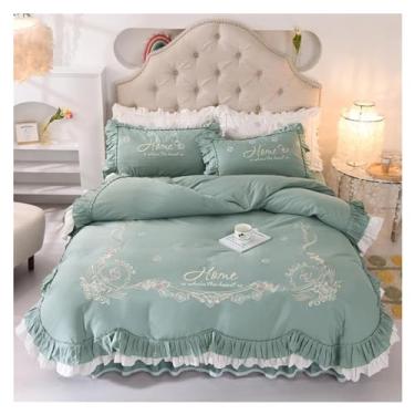Imagem de Jogo de cama luxuoso branco rosa 100% algodão amor bordado floral princesa capa de edredom lençol saia de cama fronhas, lençóis de cama (verde 1,8 m saia de cama 4 peças)