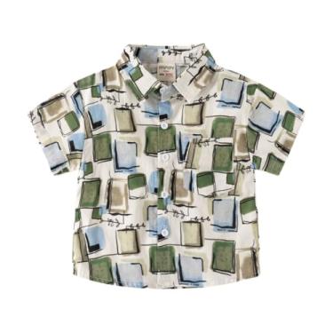 Imagem de Yueary Camisa social havaiana infantil de manga curta com botões de algodão, camisetas casuais de verão e praia com bolso, Verde militar, 110/3-4 Y