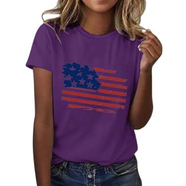 Imagem de Camiseta feminina moderna casual com bandeira do Dia da Independência estampada gola redonda manga curta camiseta xadrez para mulheres, Roxa, 3G