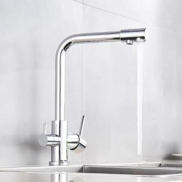 Imagem de Torneira de água pura cromada, rotação 360, multifuncional, filtro de cozinha, purificação, alça dupla, torneiras misturadoras frias, cromada