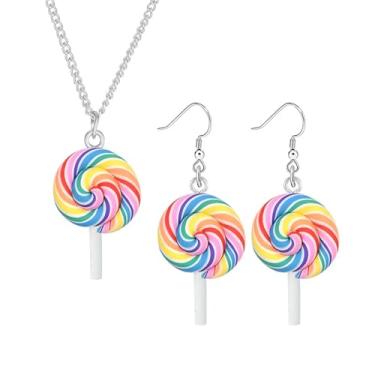 Imagem de Dreuyet Conjunto de colar de brincos de pirulito colorido arco-íris para mulheres meninas conjunto de joias de pirulito de argila macia bonito feito à mão redondo espiral pirulito colar engraçado de