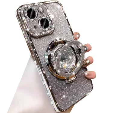 Imagem de Changjia Capa com suporte de glitter para iPhone 14, luxuosa, brilhante, diamante, strass, com protetor de lente de câmera, anel de fluxo líquido, suporte de TPU (poliuretano termoplástico), capa fina