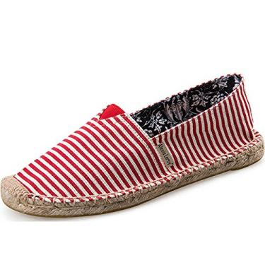 Imagem de Alexis Leroy Espadrilles de lona listrada plana feminina tradicional, Vermelho, 6-6.5