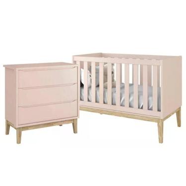 Imagem de Jogo De Quarto Classic Cômoda 3 Gavetas E Berço Rosa Fosco Com Pés Madeira Natural - Reller Móveis Rosa Fosco