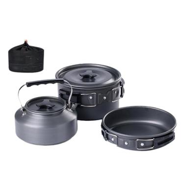 Imagem de oshhni 3 pçs conjunto de cozinha de acampamento, kit de bagunça de panelas de acampamento, liga de alumínio frigideira bule chaleira para churrasco ao ar, Preto