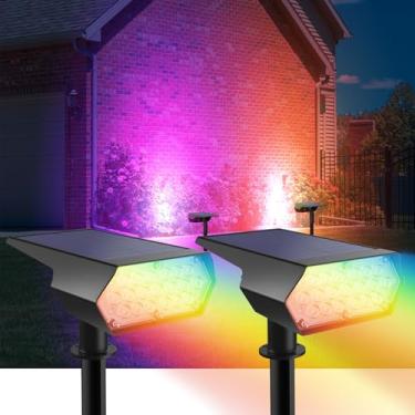 Imagem de Luzes solares atualizadas ao ar livre, à prova d'água, IP65 RGB que mudam de cor, luzes solares externas, holofotes de paisagem solares multicoloridos com função de memória para decorações de férias,