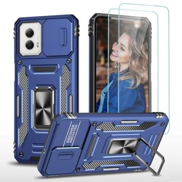 Imagem de Jeylly Capa para Motorola Moto G Power 5G (2024) com 2 protetores de tela e capa de câmera deslizante, capa protetora de corpo inteiro de camada dupla com suporte de anel magnético giratório 360, azul