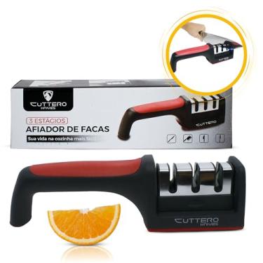 Imagem de Afiador Amolador De Facas E Tesouras 3 em 1 Profissional, o melhor amolador de facas de cozinha que realmente funciona para facas, amolação em cerâmica e aço inox, tesouras. Cuttero - Vermelho