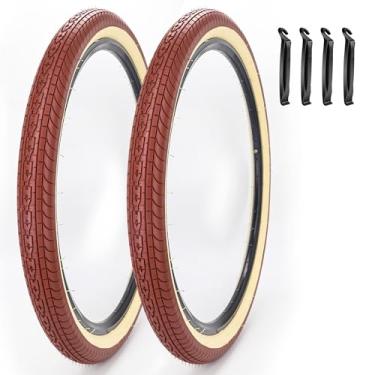 Imagem de SIMEIQI Pacote com 2, 61 cm/66 x 5,4 cm, 66 x 6 cm, pneus de bicicleta Beach Cruiser, marrom creme, cor retrô, dobráveis, para bicicletas híbridas Beach City Commuter (26 x 2,35)