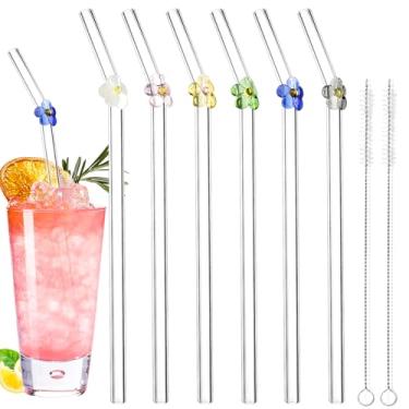 Imagem de Canudos de vidro reutilizáveis com 2 pincéis de canudo, lindos canudos de vidro de flores coloridas, copos de bebida, podem ser lavados na lava-louças para smoothies, milkshakes, sucos, chás,