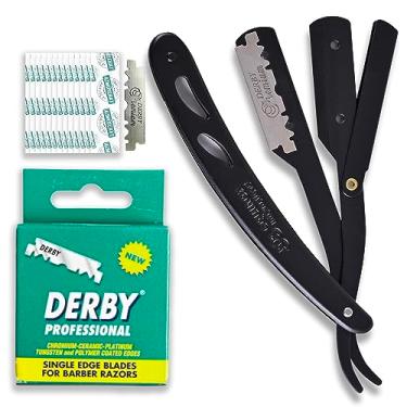 Imagem de Barbeador profissional Equinox preto fosco com 100 lâminas Derby de borda única – Barbeador manual masculino de segurança