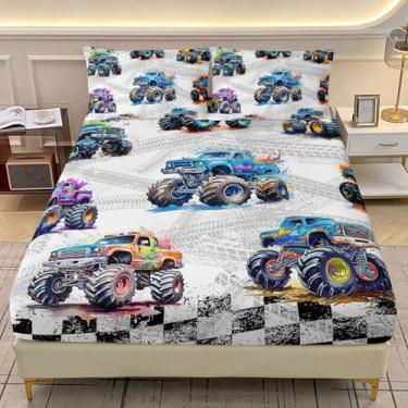 Imagem de AILONEN Jogo de cama solteiro de caminhão monstro colorido de 3 peças, com estampa de caminhões de desenho animado e bandeira quadriculada, perfeito para quartos de crianças, 1 jogo de cama com 2