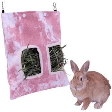 Imagem de Bolsa para alimentador de feno de coelho para porquinhos-da-índia pendurados, suporte de manjedoura, dispensador de pequenos animais, bolsa de armazenamento para coelho, chinchila, hamster (rosa)