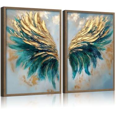 Imagem de 2 peças de arte de parede em tela abstrata verde emoldurada de madeira - Arte abstrata de asas de anjo - pôsteres modernos com estampas de asas azuis douradas - Pinturas decorativas de sala de estar