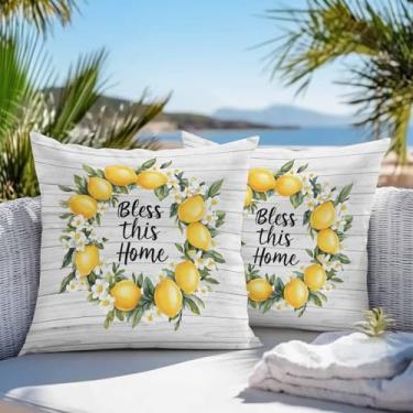 Imagem de Conjunto de 2 capas de almofada de verão à prova d'água limão para ambientes externos 40,6 x 40,6 cm, fronhas decorativas de textura de madeira cinza para decoração de pátio, jardim, varanda e sofá