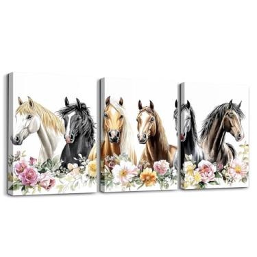 Imagem de jejeloiu Arte de parede em tela de cavalo para sala de estar quarto crianças cavalo flroal imagem decoração de parede 30,5 cm x 40,6 cm 3 peças decoração animal bonito pintura de flores para decoração