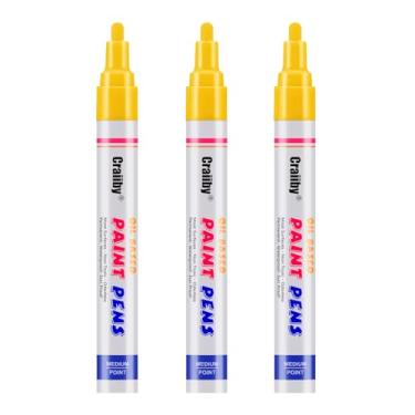 Imagem de Marcadores de tinta amarela, pacote com 3 canetas permanentes à base de óleo, à prova d'água, secagem rápida, para pintura de pedras, madeira, tecido, plástico, tela, vidro, canecas, metal, pneu