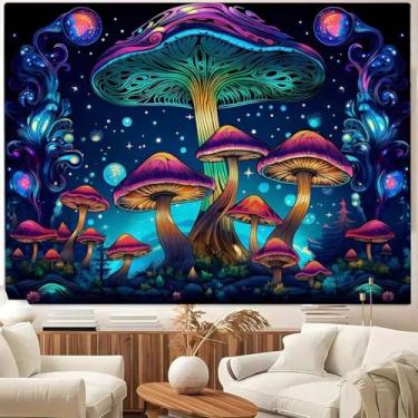 Imagem de FENDROM Tapeçaria de parede de cogumelo encantado extra grande com luz negra mágica, conto de fadas, galáxia, cogumelo, floresta, para decoração de quarto e sala de estar