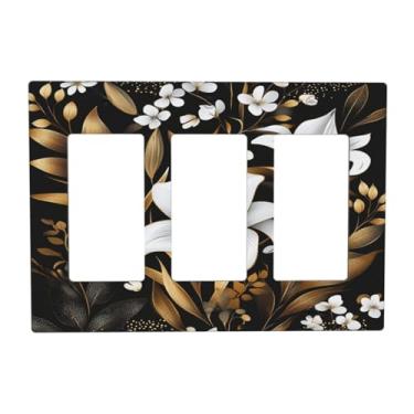 Imagem de OILbiexn Capas de tomada decorativas com folhas douradas florais rústicas design de flor branca placa de parede de 3 gangues capa de interruptor de luz tripla capa de interruptor GFCI placa frontal