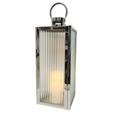 Imagem de Lanterna Decorativa Iluminada Inox e Vidro Canelado Luxo 40cm e Vela LED - Mabruk