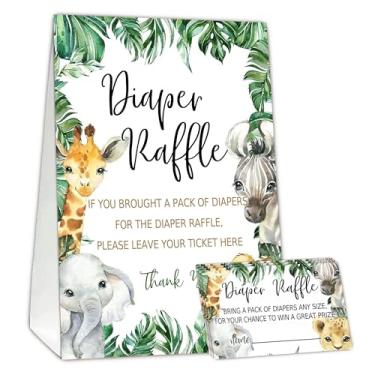 Imagem de Bilhetes de sorteio de fraldas de animais da selva para jogo de chá de bebê, 1 placa de pé (12 x 18 cm) e 50 cartões de adivinhação para decoração de festa de chá de bebê, C1