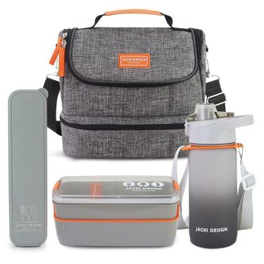 Imagem de Kit Bolsa Térmica Pote Marmita 750ml Garrafa 550ml E Porta Talheres Vibe Cinza